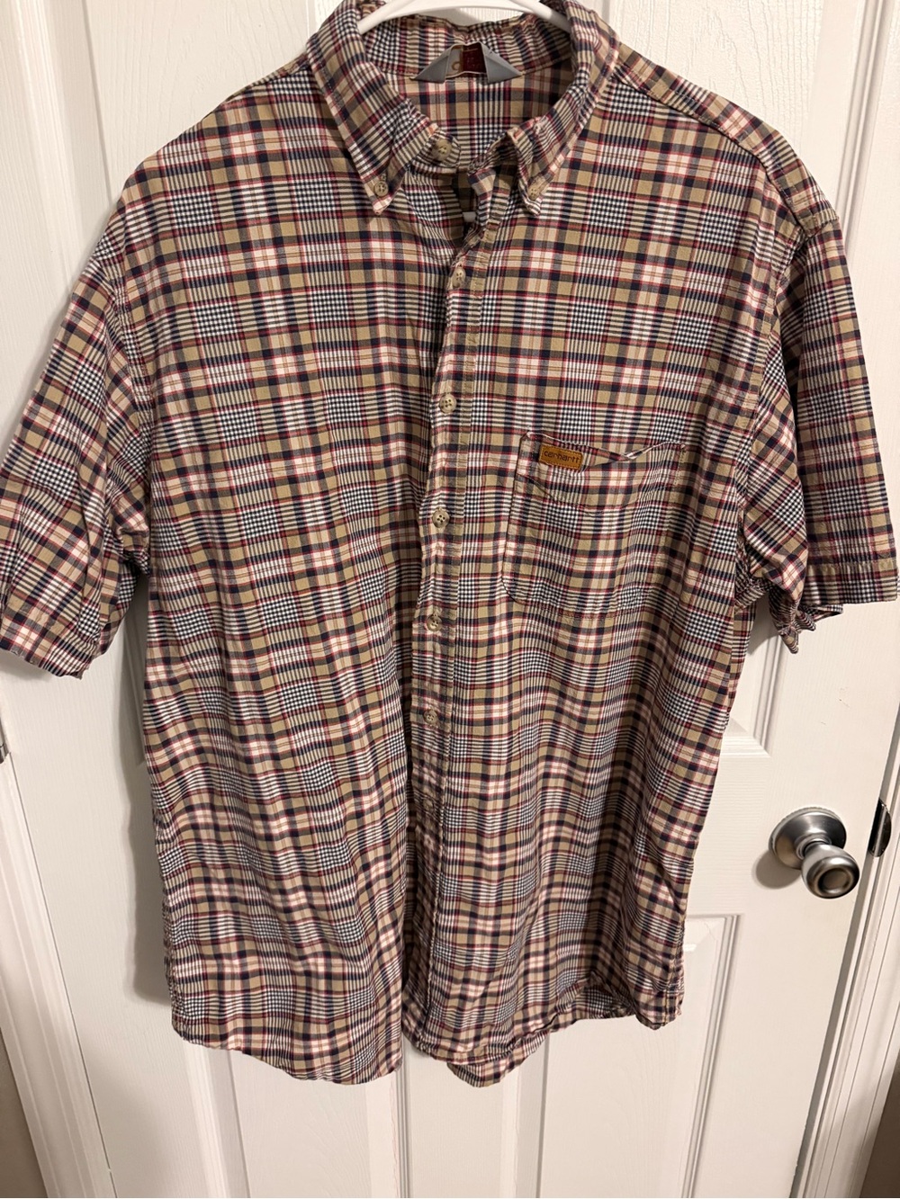 Carhartt Short-Sleeve Plaid Button-Down Shirt in Beige, Burgundy and Navy